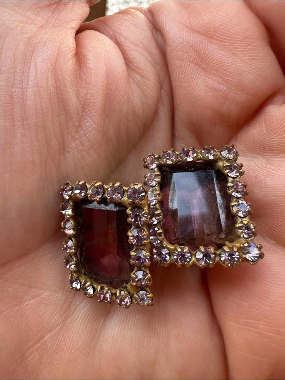Vintage Original by Robert Amethyst Glass Emerald Cut Rhinestone Clip Earrings - Picture 5 of 12